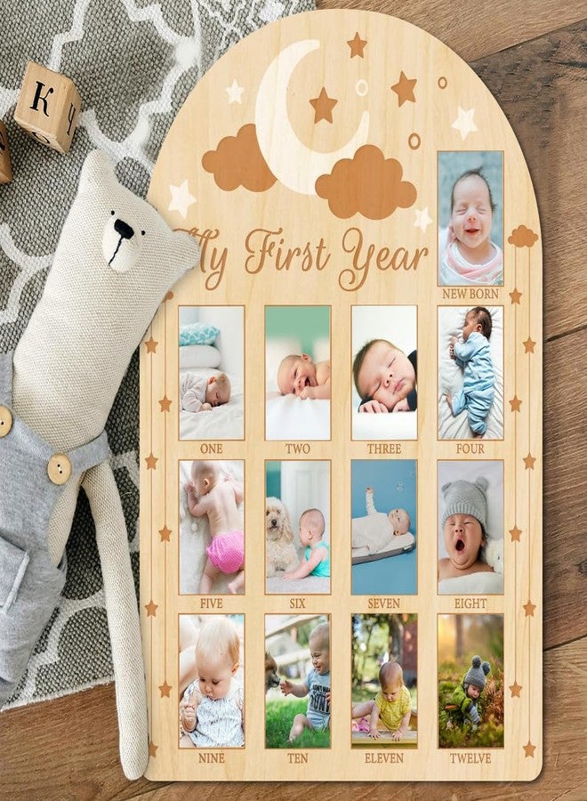 ORIGACH My First Year Baby Growth Photo Display Wood Board - 12 Months Newborn Milestones Photo Board - Neutral Baby Keepsake Frame 1st Birthday Party Nursery Decor New Mom Gift - Moon Star & Cloud - Image 4